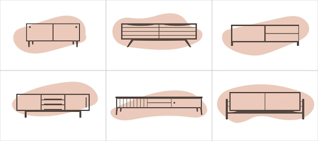 フラット スタイル キャビネット ベクトル図で家具の線形アイコンを設定します。