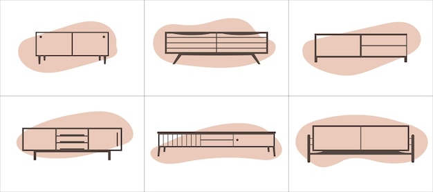 평면 스타일 캐비닛 벡터 일러스트 레이 션에서 설정 가구 선형 아이콘