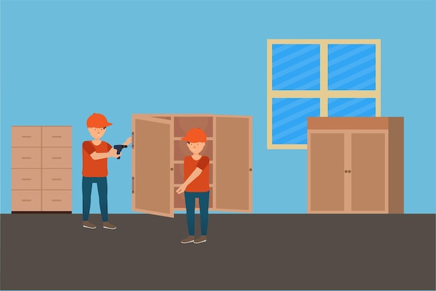 Furniture makers are making a cupboard inside a house vector flat characters making furniture for a house concept mechanic using his tool to repair a cupboard or furniture vector