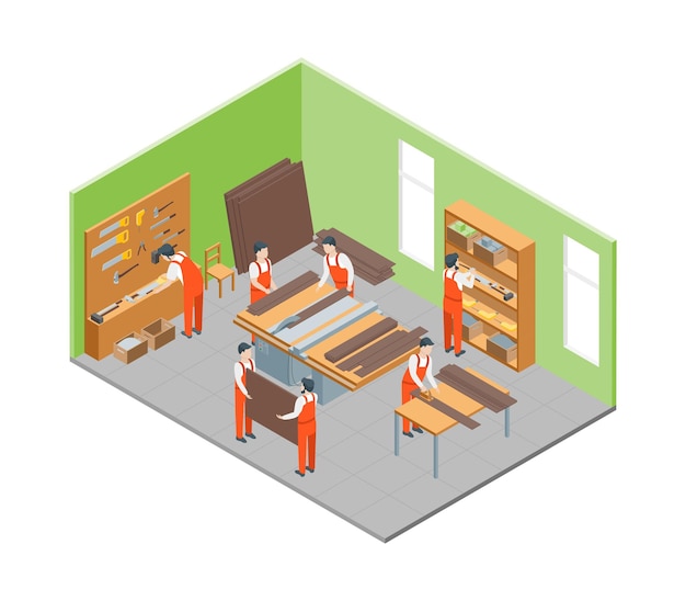 Furniture Makers at Work and Interior with Elements Isometric View Vector