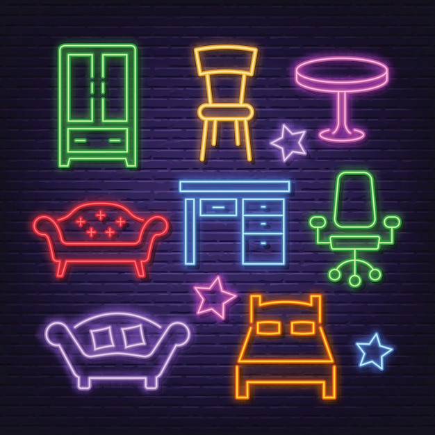 Furniture neon icons set