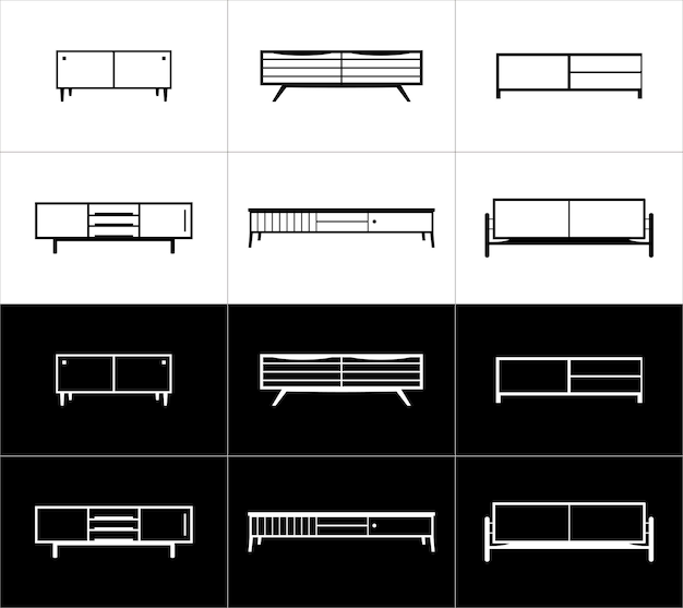 Furniture outline icon set Cabinets Furniture vector illustration isolated on black and white back