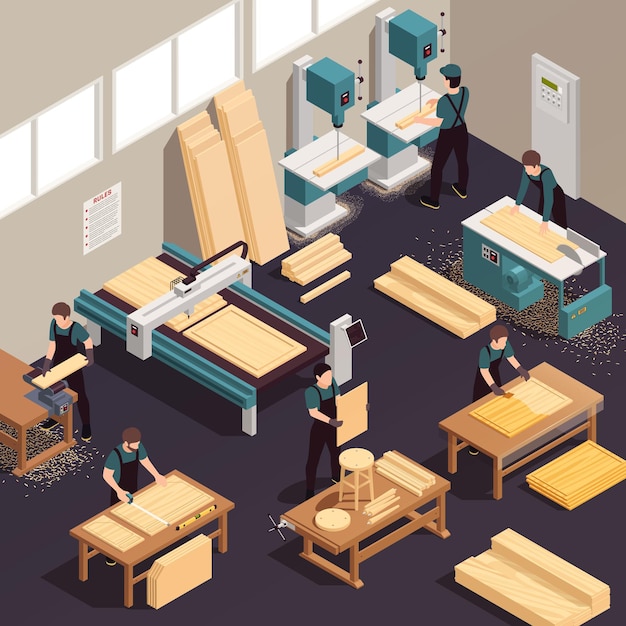 Vector furniture production isometric composition with production of wooden goods in the factory in the workshop illustration