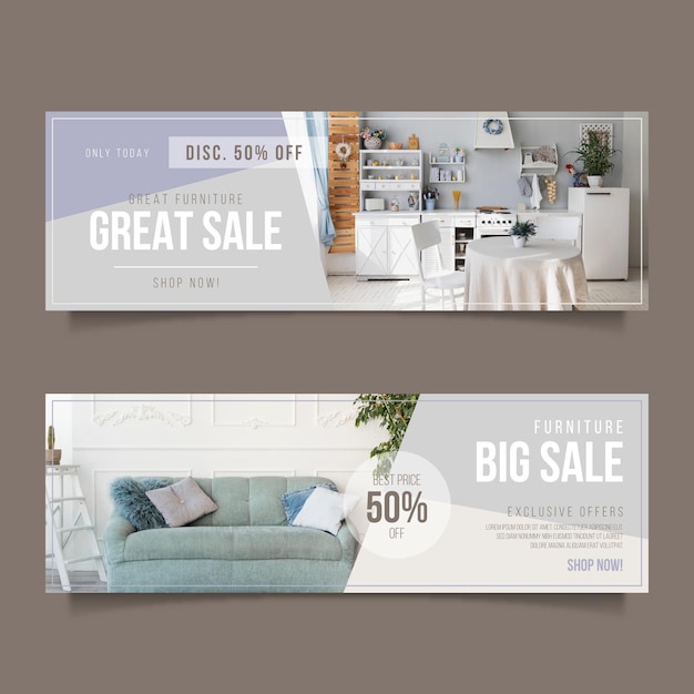 Vector furniture sale horizontal banners template with special discounts