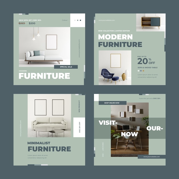 Vettore collezione di post di instagram di vendita di mobili