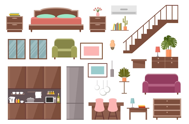 Vector furniture set. bedroom, kitchen, dining room