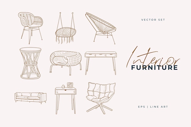 Vector furniture set. home decor line art drawing