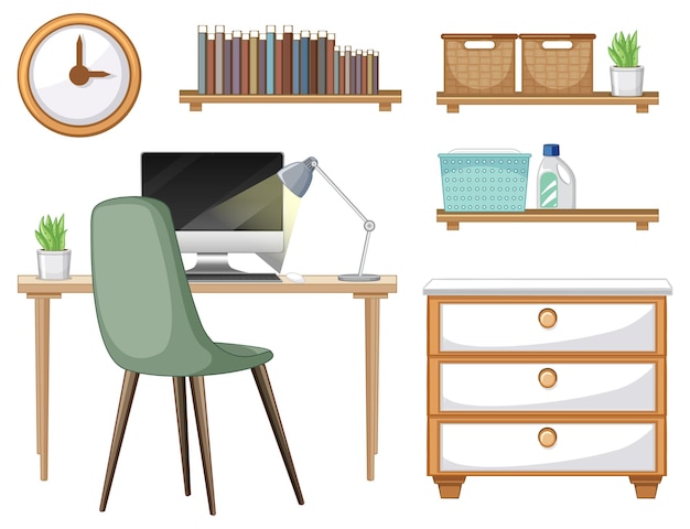 Vector furniture set for workspace interior design on white background