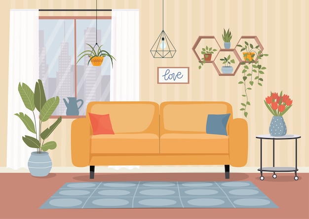 Furniture sofa window table and plants living room interior. flat style illustration