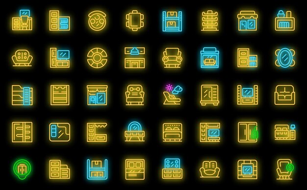 Vector furniture store icons set outline vector house wood store room neon color on black