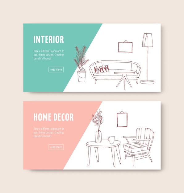 Vector furniture store landing page vector templates . furnishing accessories shop website interface with hand drawn illustrations. home and comfort homepage layout. web banner, webpage design.