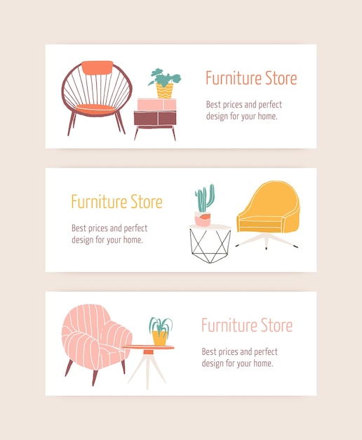 Furniture store web banner vector templates set. home furnishing accessories shop advertisements pack. comfortable armchairs and coffee tables with houseplants hand drawn illustrations with typography