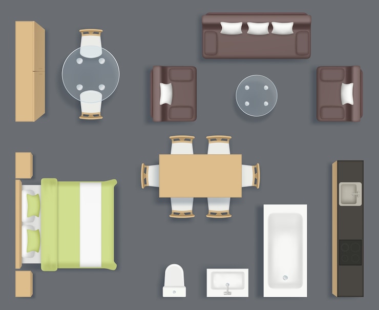 Vector furniture top view. kitchen bathroom and living room interior objects chair couch table planning realistic pictures collection. illustration furniture bathroom and sofa, interior top