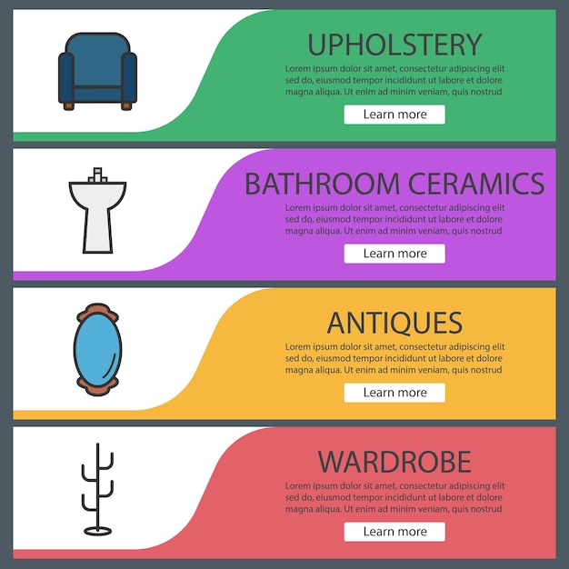 가구 웹 배너 템플릿 집합입니다. 안락의자, 세면대, 벽 거울, 옷걸이. 웹사이트 색상 메뉴 항목. 벡터 헤더 디자인 개념