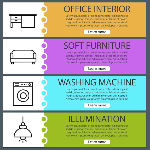 Furniture web banner templates set. Writing desk, sofa, washing machine, ceiling lamp. Website color menu items with linear icons. Vector headers design concepts