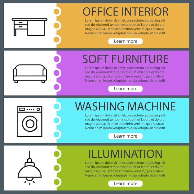 Set di modelli di banner web per mobili. scrivania, divano, lavatrice, lampada da soffitto. voci di menu a colori del sito web con icone lineari. concetti di progettazione di intestazioni vettoriali