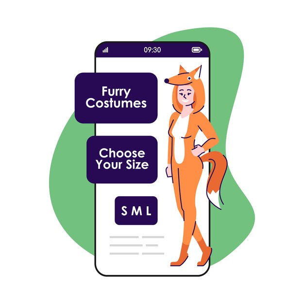 Furry costumes smartphone app screen. Fox suit. Party clothing for rent. Mobile phone displays with cartoon characters design mockup. Online store application telephone interface