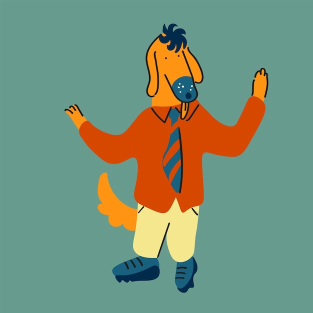 Vector furry dog guy character in shirt and tie waving arms and tail