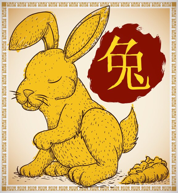 Furry rabbit with a carrot in hand drawn style painted with yellow brushstrokes and red stamp