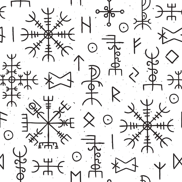 Modello senza cuciture di rune futhark. disegno di simbolo occulto vichingo norreno. islanda esoterici e magici segni runici antichi. struttura di vettore nordico antico. disegno a mano magica, protezione talismano