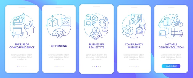 Schermo dell'app mobile per l'onboarding del gradiente blu delle tendenze aziendali future