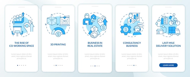 Schermo dell'app mobile per l'onboarding blu delle tendenze aziendali future