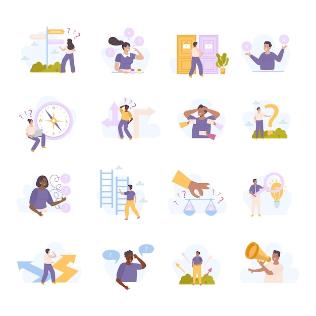 Vector future career search flat icons set with people thinking about finding work or personal growth isolated vector illustration