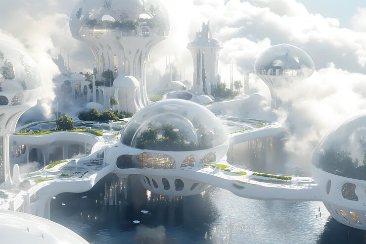 Вектор будущее города на побережье3d render верхний вид города3d render