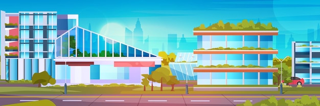 future city futuristic unusual shapes buildings and green trees modern architecture urban town cityscape background horizontal vector illustration