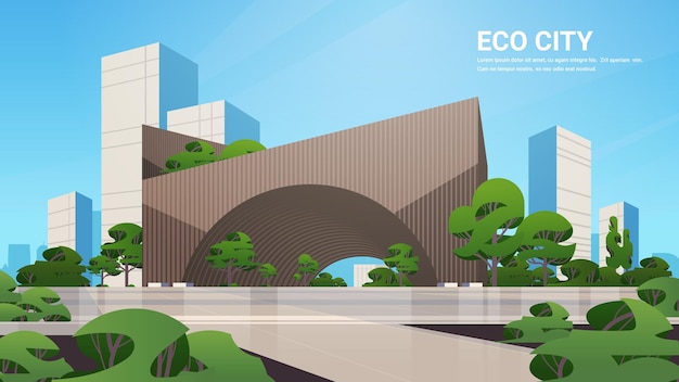 Vector future city futuristic unusual shapes buildings and green trees modern architecture urban town cityscape background horizontal vector illustration