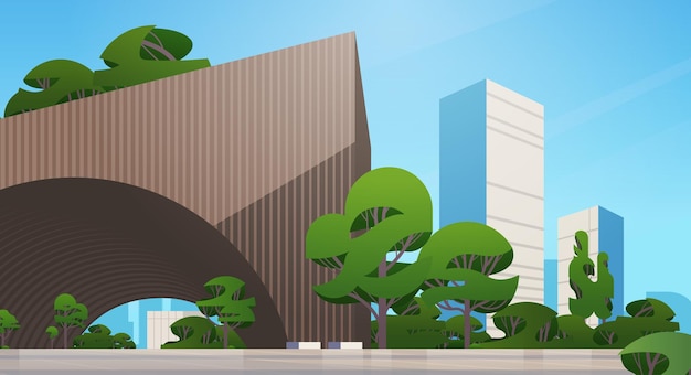 Vector future city futuristic unusual shapes buildings and green trees modern architecture urban town cityscape background horizontal vector illustration