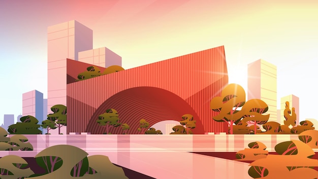 future city futuristic unusual shapes buildings and green trees modern architecture urban town sunset cityscape background horizontal vector illustration