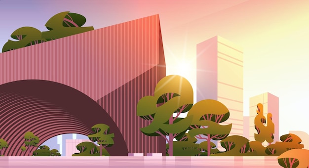 Vector future city futuristic unusual shapes buildings and green trees modern architecture urban town sunset cityscape background horizontal vector illustration