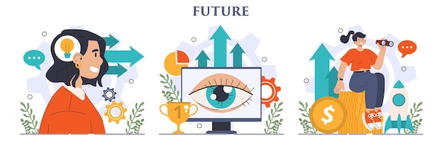 Set di concetti futuri carattere alla ricerca di opportunità future