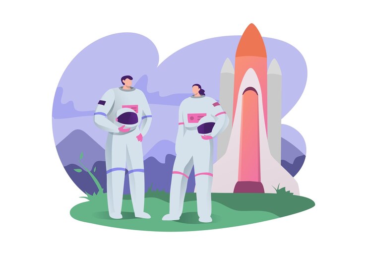 Vector future cosmic technology male female cosmonaut character standing space rocket cartoon vector