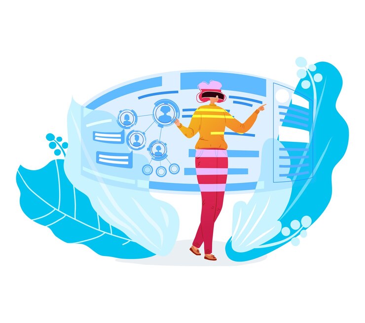 Vector future digital business concept female character control virtual reality display monitor isolated on white flat vector illustration