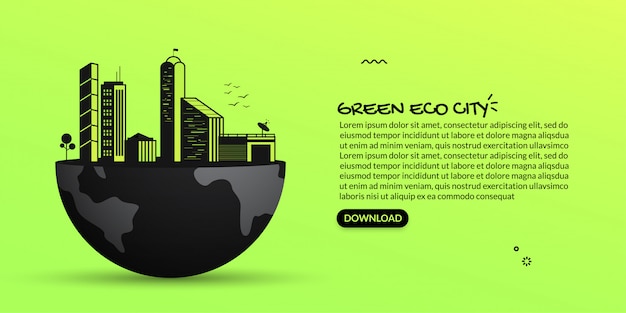 Città futura di verde di eco su terra, illustrazione di paesaggio urbano scuro su fondo verde