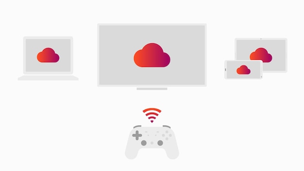 미래 게임 개념 클라우드 게임 TV 스마트폰 노트북 및 태블릿 스트리밍 서비스