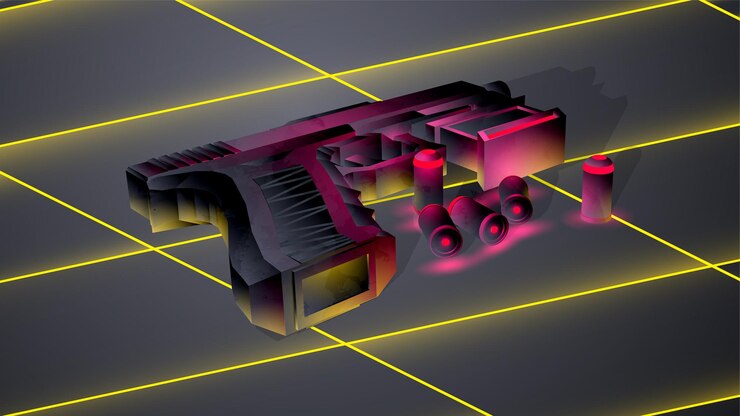 Vector future gun in retrofoturism style 3d colorful vector illustration cyberpunk weapon in neon lights