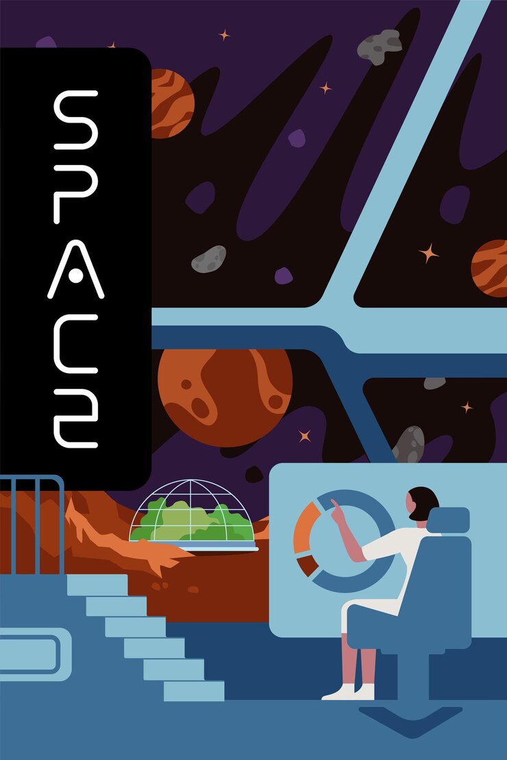Vector future interstellar exploration colonizers banner science people in planet colonization mission