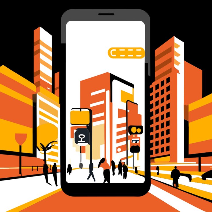 Vector the future of queue management platform for everyone in the downtown full of people in futuristic