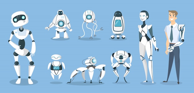Vector future robots set. androids and cyborgs, ai and prosthesis.
