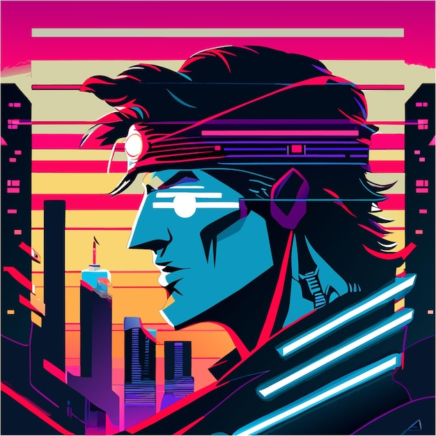 Vector future shock robot head tattoo on neon background