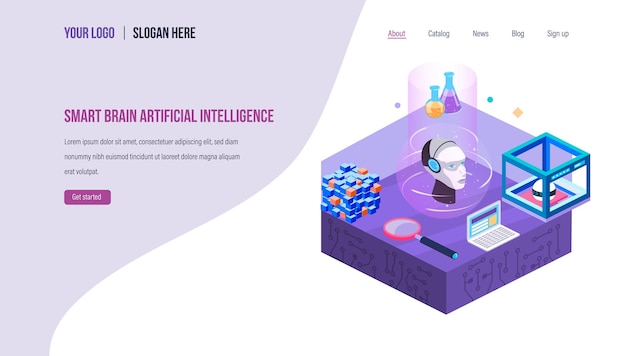 Vector future technologies research and inventions in data center smart robot with artificial intelligence digital brain memory with thought process landing page template isometric vector