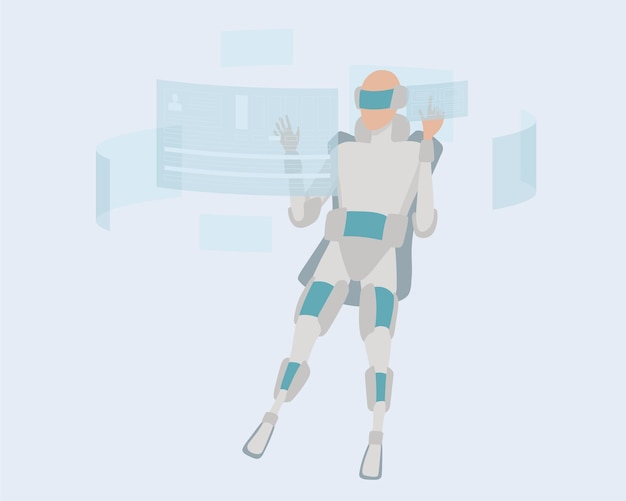 Future technology concept. man working on computer in virtual reality glasses. vector illustration.