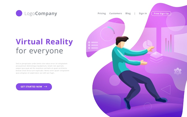 Vector future technology man into virtual reality touching and editing interface website template