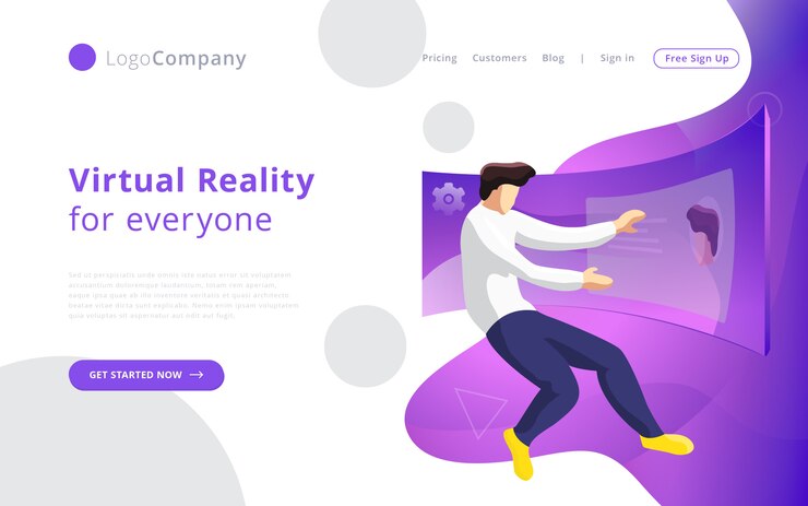 Vector future technology man into virtual reality touching and editing interface
