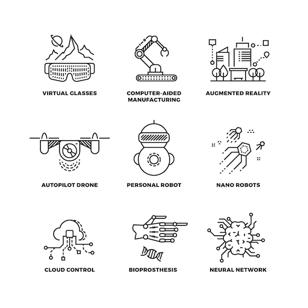 Future technology and robot artificial intelligence outline icons