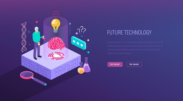 Future technology. Scientific laboratory, research, visualization of DNA, molecules, artificial intelligence system, digital technologies of future, robotics, chemical experiments. Isometric vector