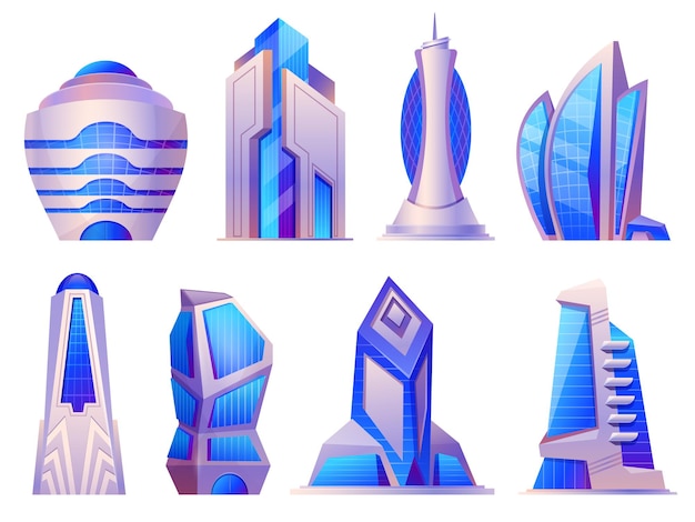 将来の都市および外国の都市の建物、高層ビル、オフィスタワー。未来的なサイバーパンクアーキテクチャ、メガロポリスの超高層ビルのベクトルセット